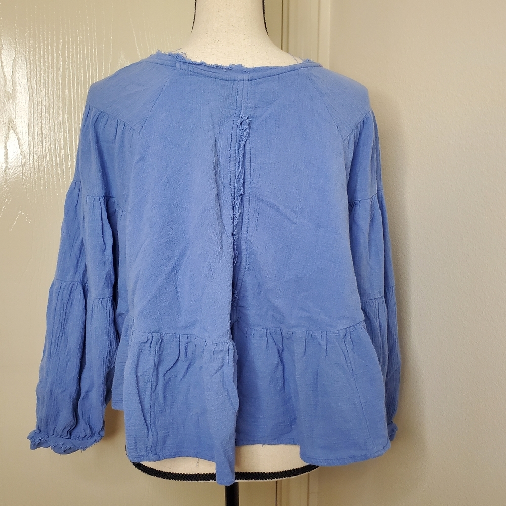Free People Womens Blue Gauze Cotton Peplum Open‎ Back Long Sleeve Size Small - Picture 2 of 12